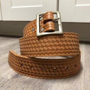 Vintage Wide Leather Belt Western Handtooled Silver Statement Chunky Buckle